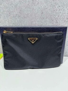 Prada Black Nylon Zip Pouch with Gold Triangle Logo Plate